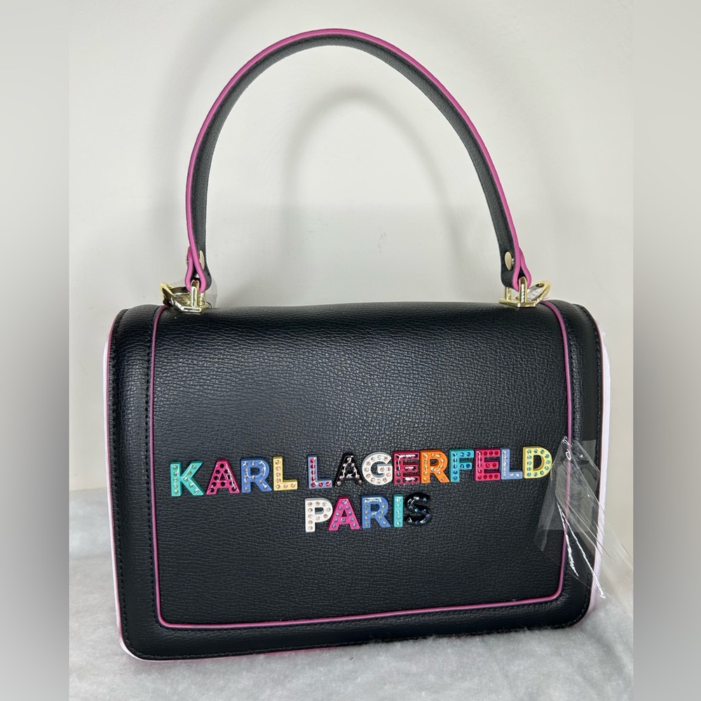 Karl Lagerfeld Paris Leather Simone Front Flap Crossbody Purse Bag Black